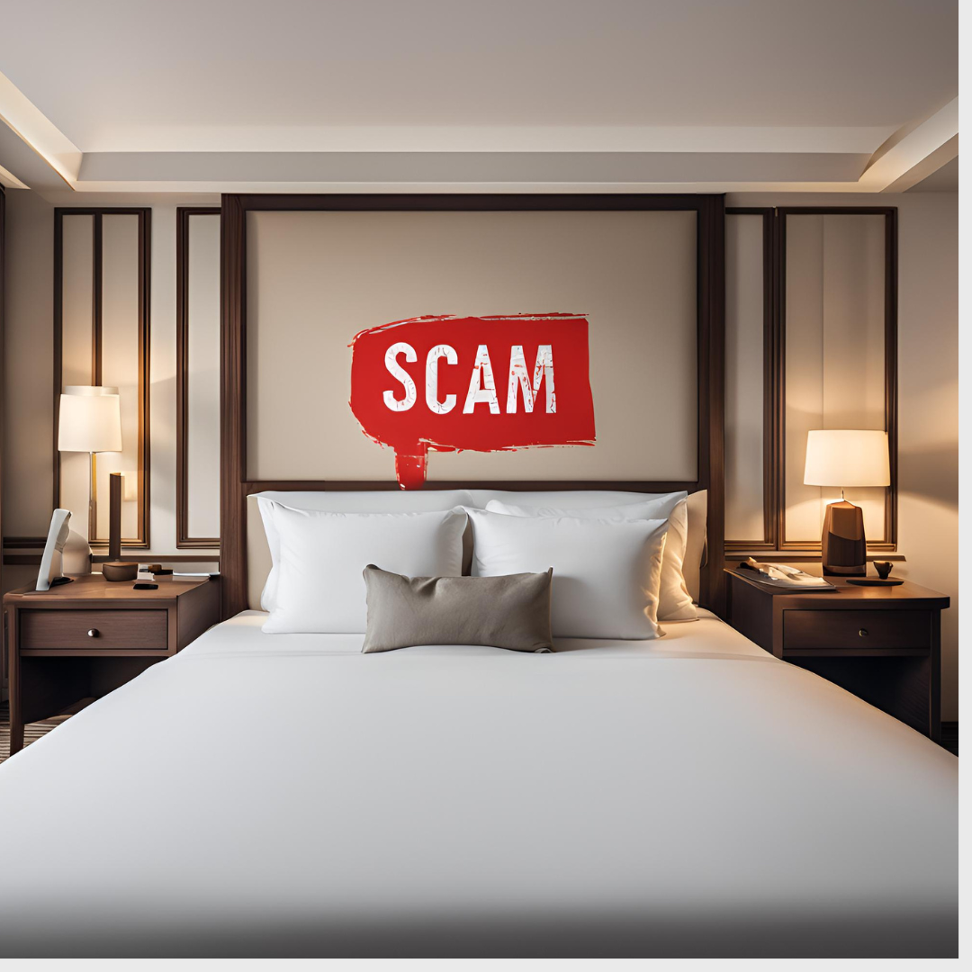 a bed with a red sign on the wall